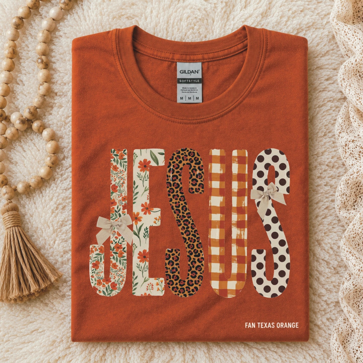 Fall Pattern Jesus Tee — Fan Texas Orange