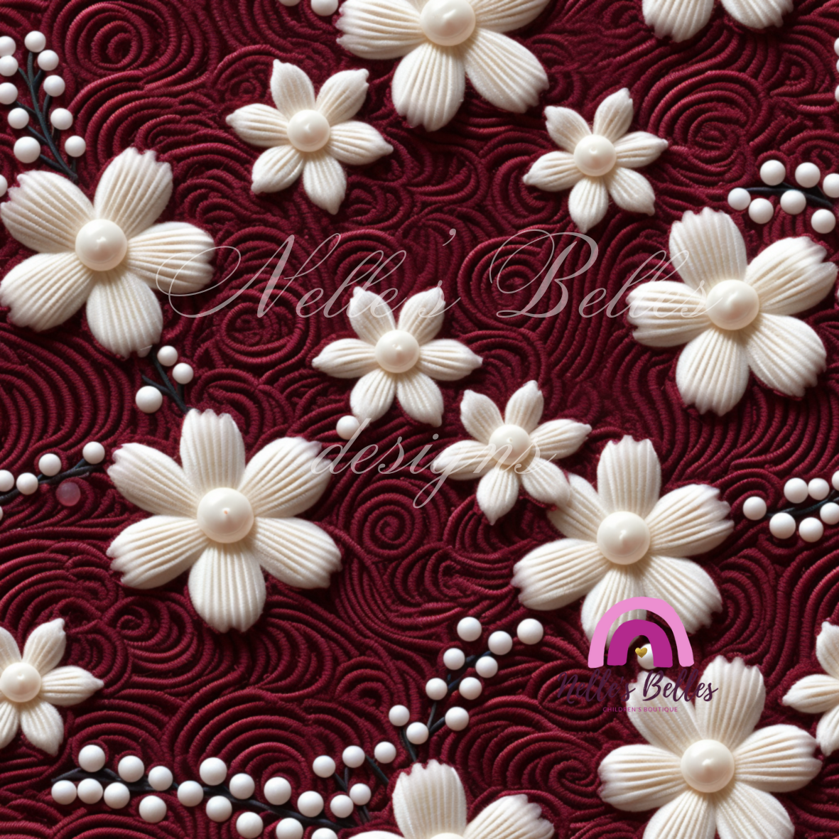 Textured burgundy background with white flowers seamless 3
