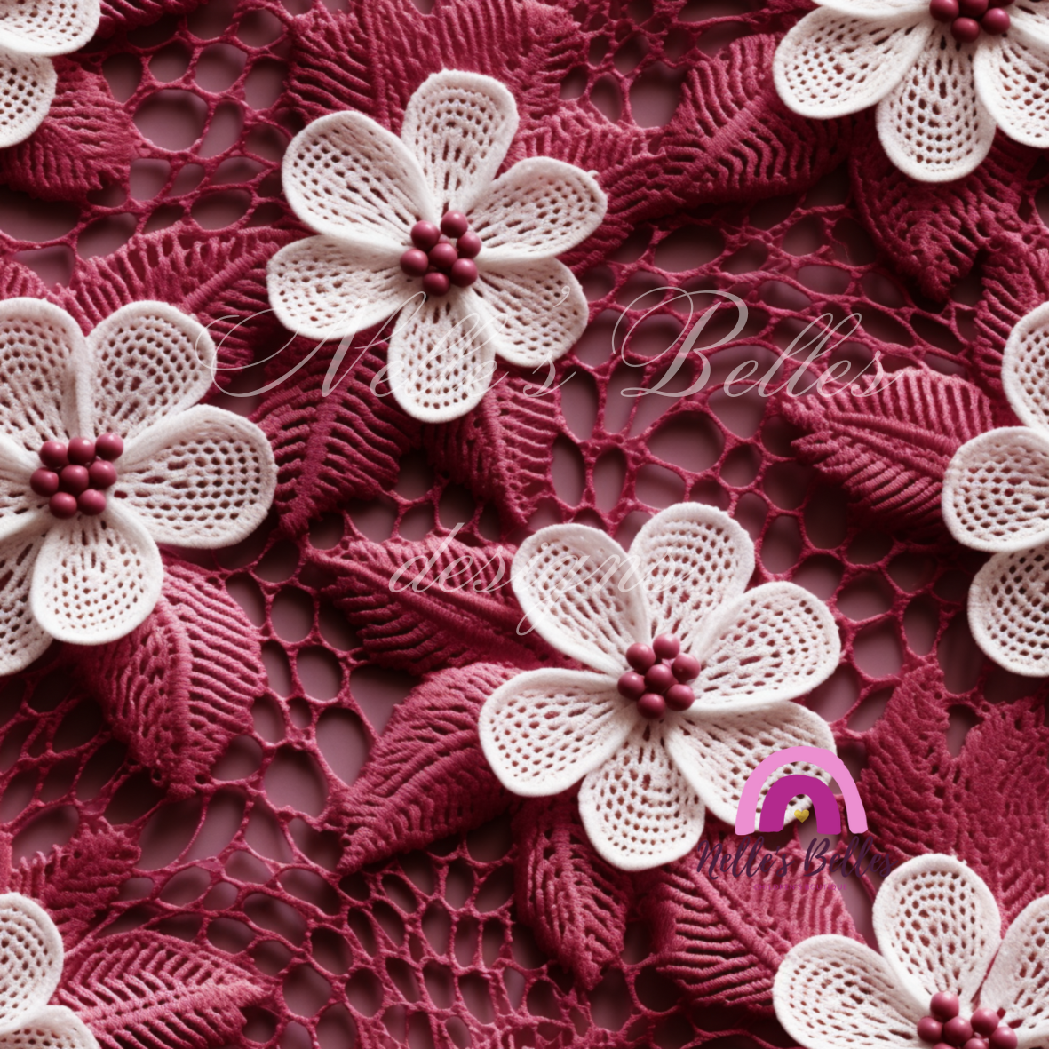Textured burgundy background with white flowers seamless 2