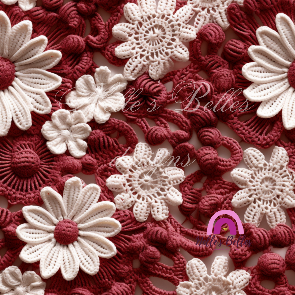 Textured burgundy background with white flowers seamless 1