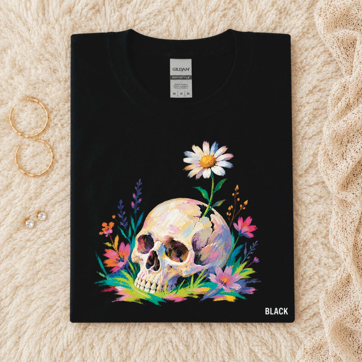 Colorful Floral Skull- Black