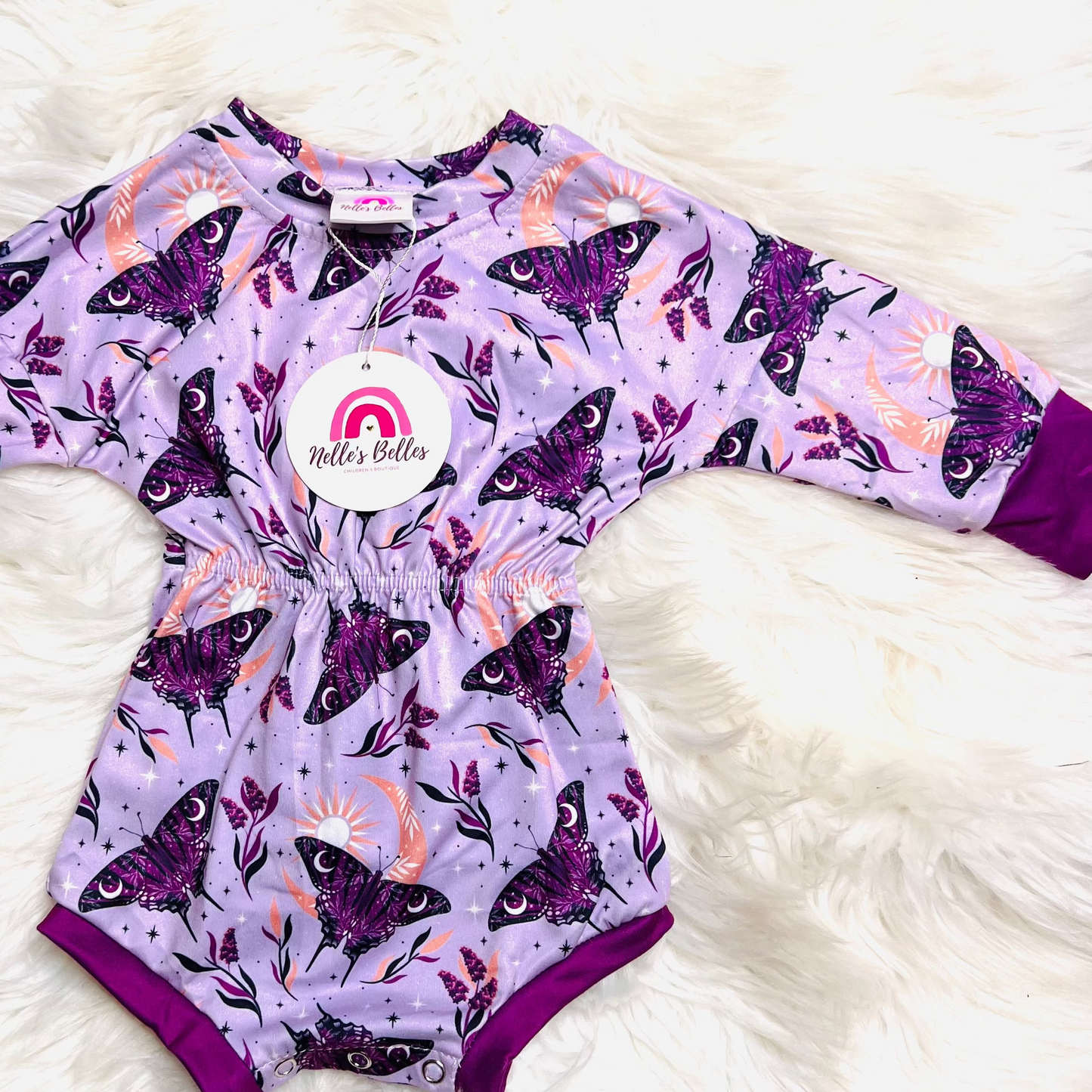 Purple monarch sweater romper