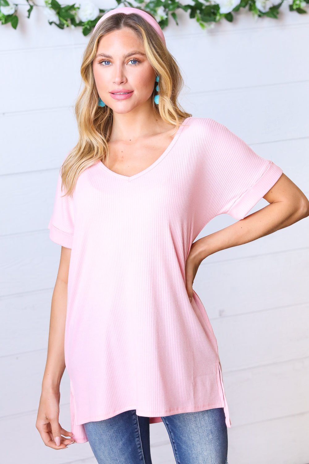 Baby Pink Ribbed V Neck Hi-Low Slit Top