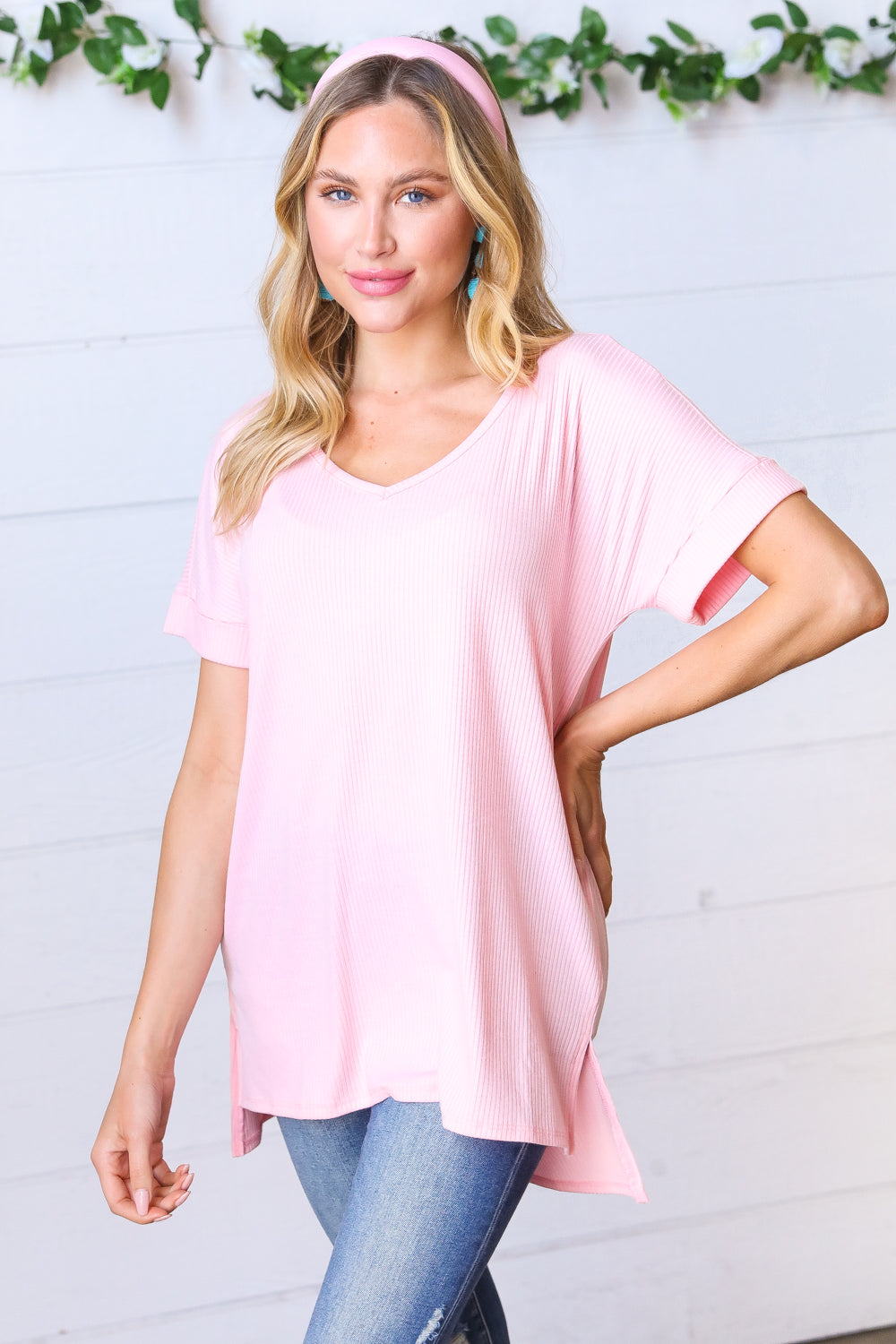 Baby Pink Ribbed V Neck Hi-Low Slit Top