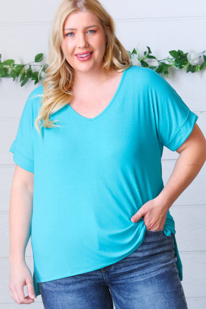 Bright Teal Ribbed V Neck Hi-Low Slit Top