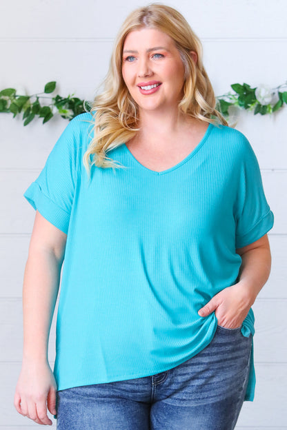 Bright Teal Ribbed V Neck Hi-Low Slit Top