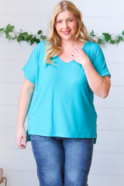 Bright Teal Ribbed V Neck Hi-Low Slit Top