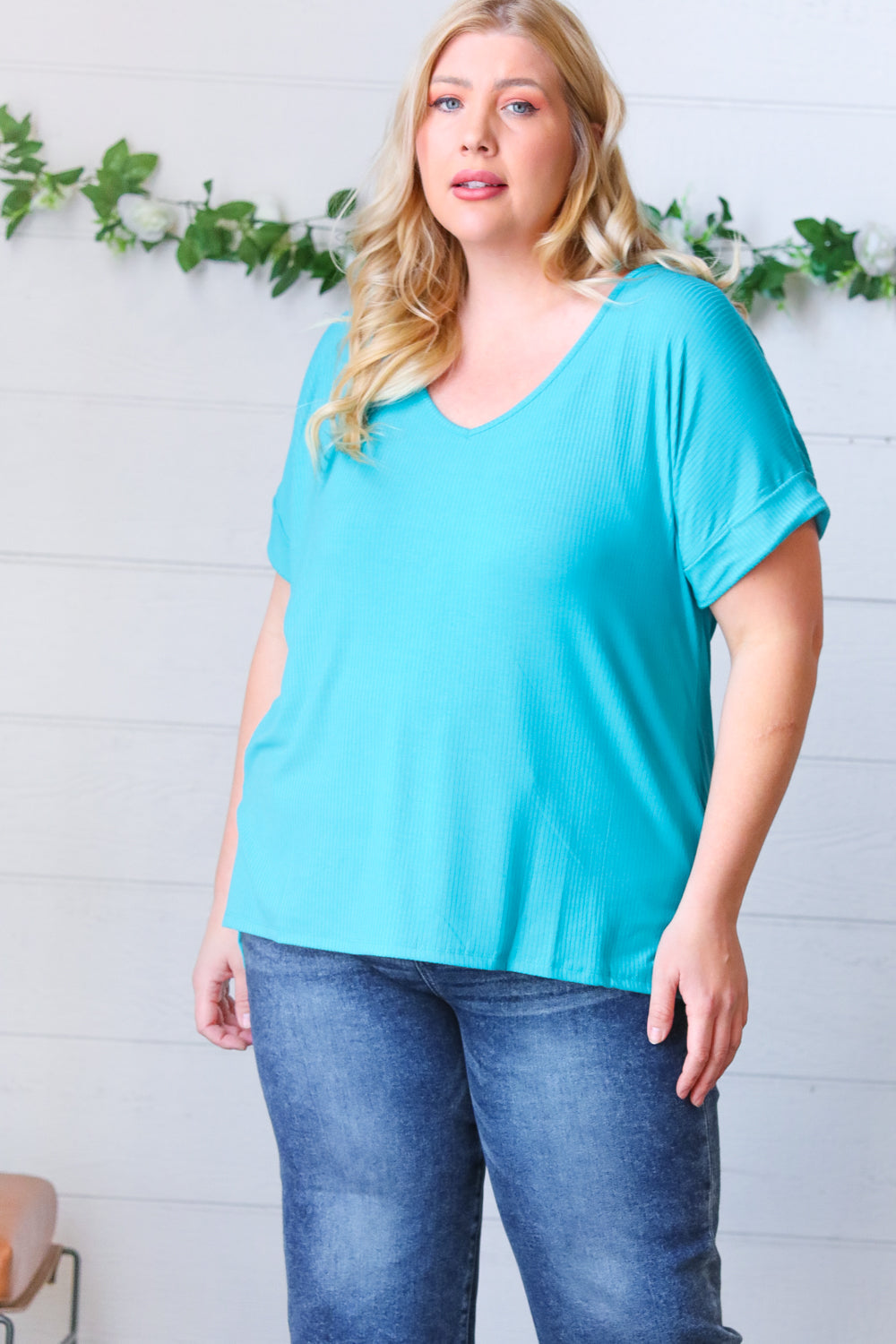 Bright Teal Ribbed V Neck Hi-Low Slit Top