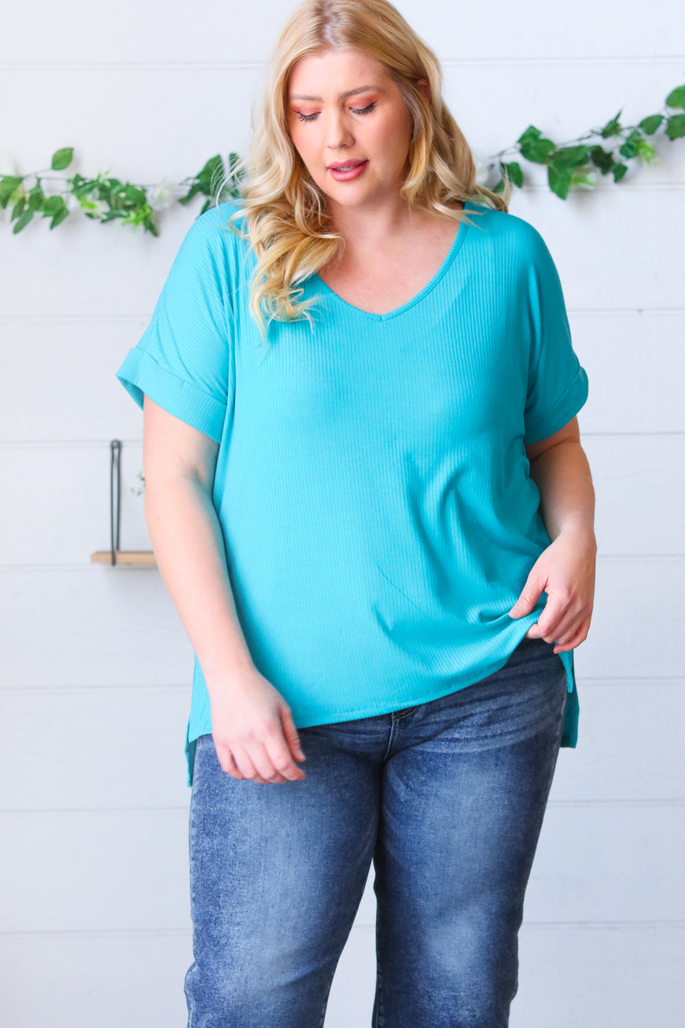 Bright Teal Ribbed V Neck Hi-Low Slit Top