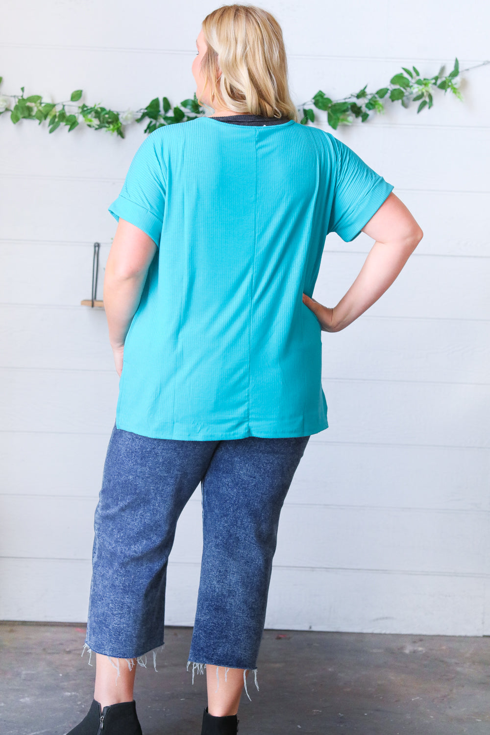 Bright Teal Ribbed V Neck Hi-Low Slit Top