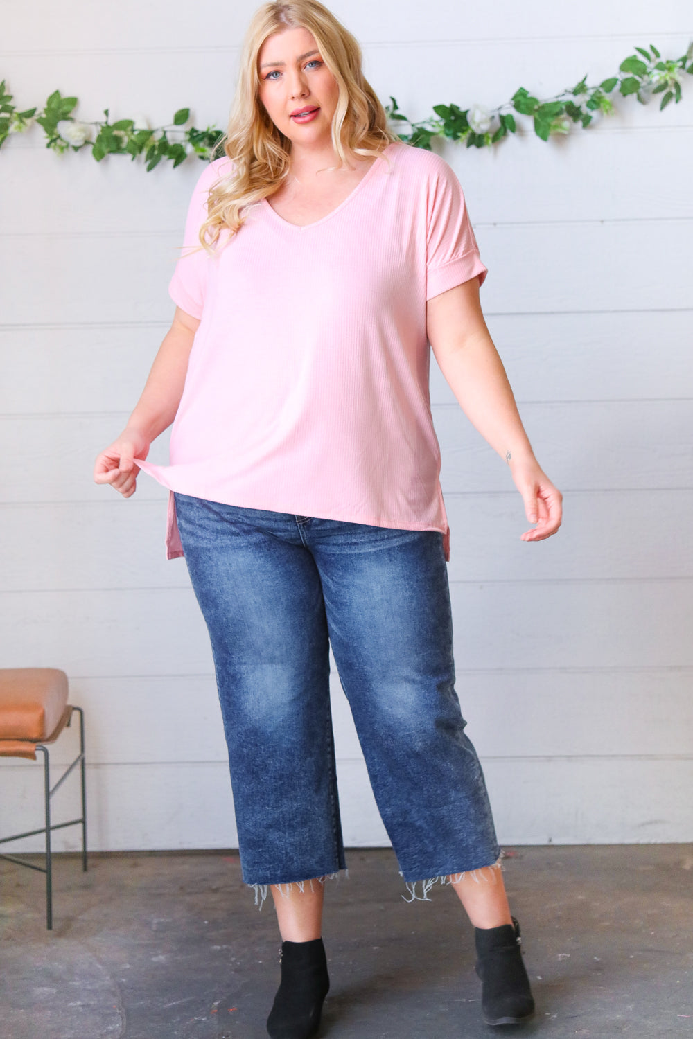 Baby Pink Ribbed V Neck Hi-Low Slit Top