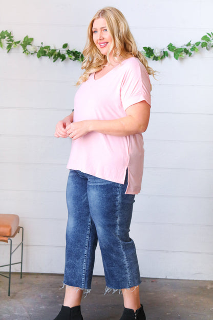 Baby Pink Ribbed V Neck Hi-Low Slit Top