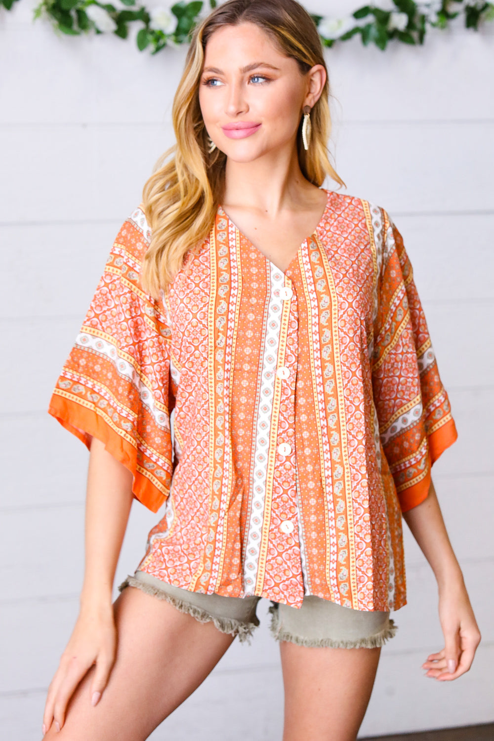 Apricot Boho V Neck Kimono Shape Top