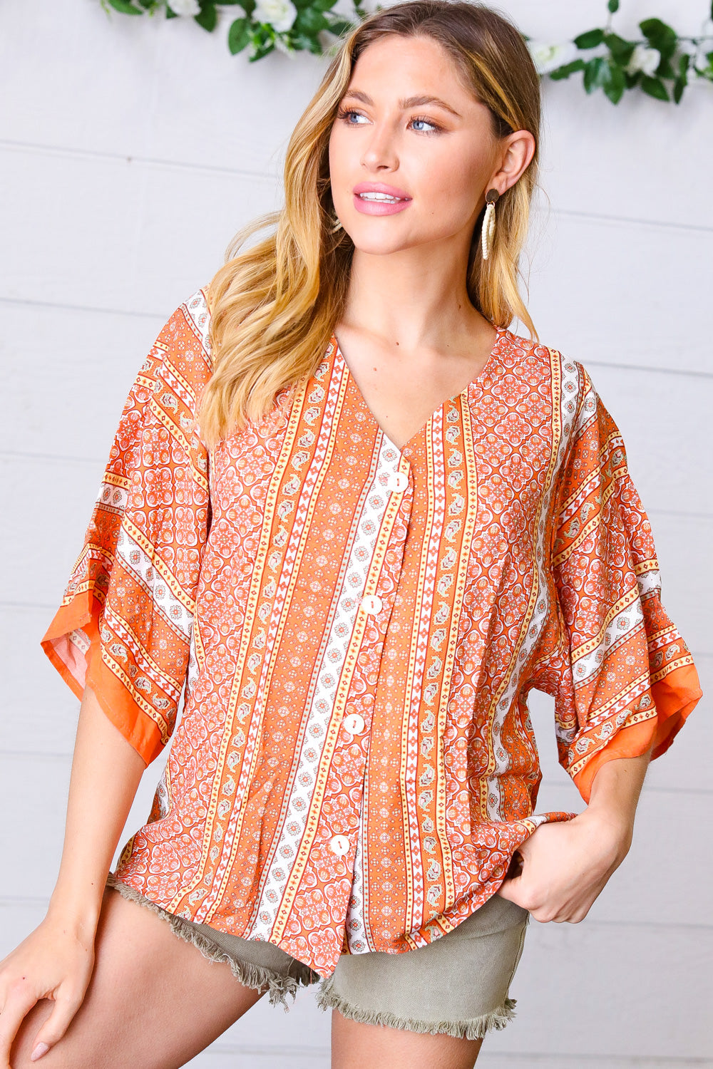 Apricot Boho V Neck Kimono Shape Top