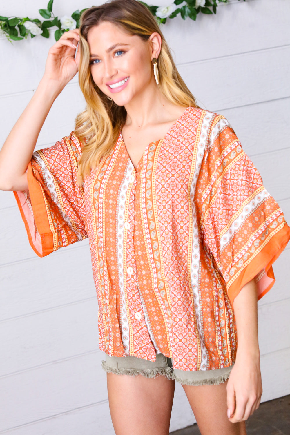 Apricot Boho V Neck Kimono Shape Top