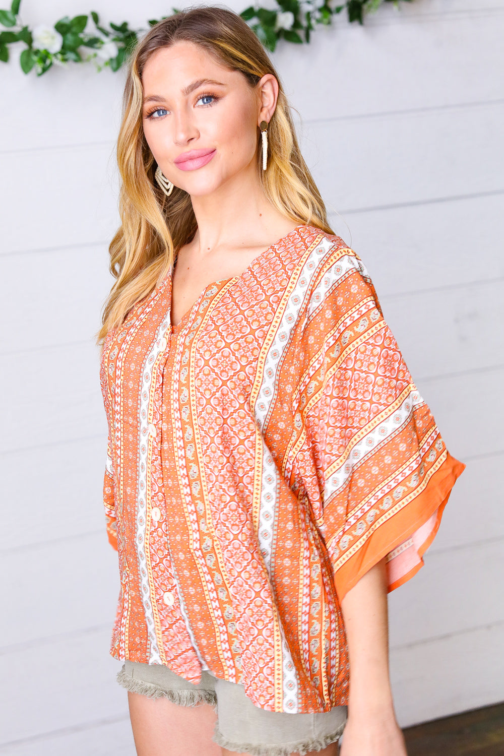 Apricot Boho V Neck Kimono Shape Top