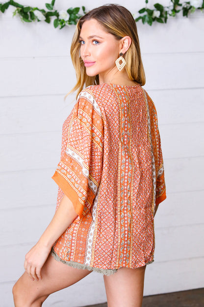 Apricot Boho V Neck Kimono Shape Top