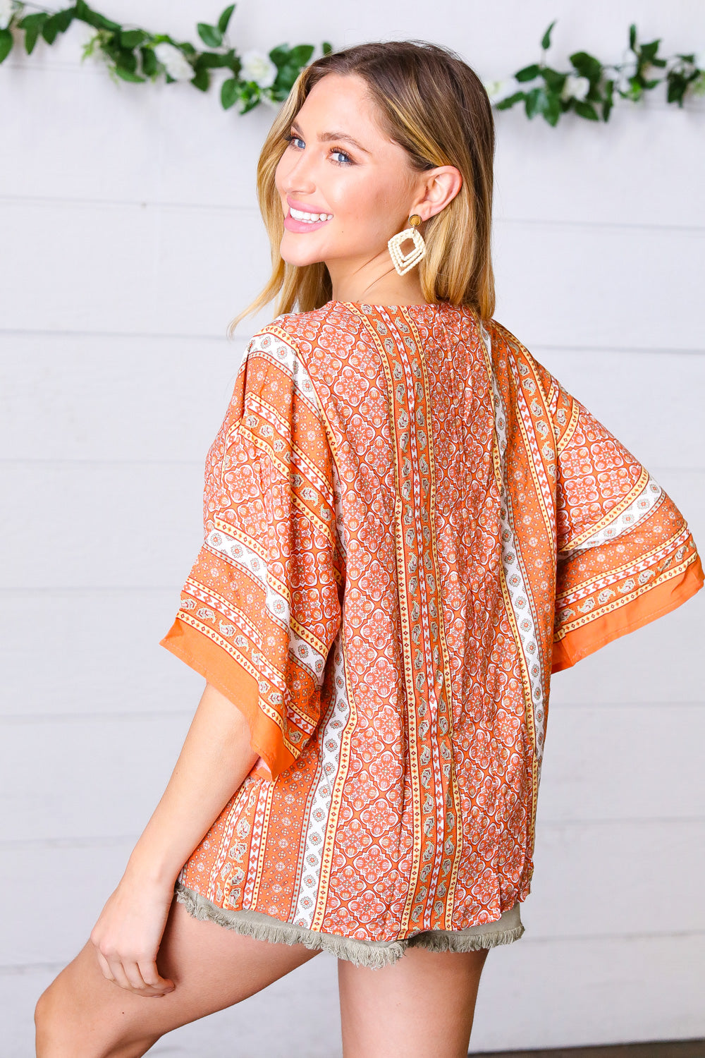 Apricot Boho V Neck Kimono Shape Top