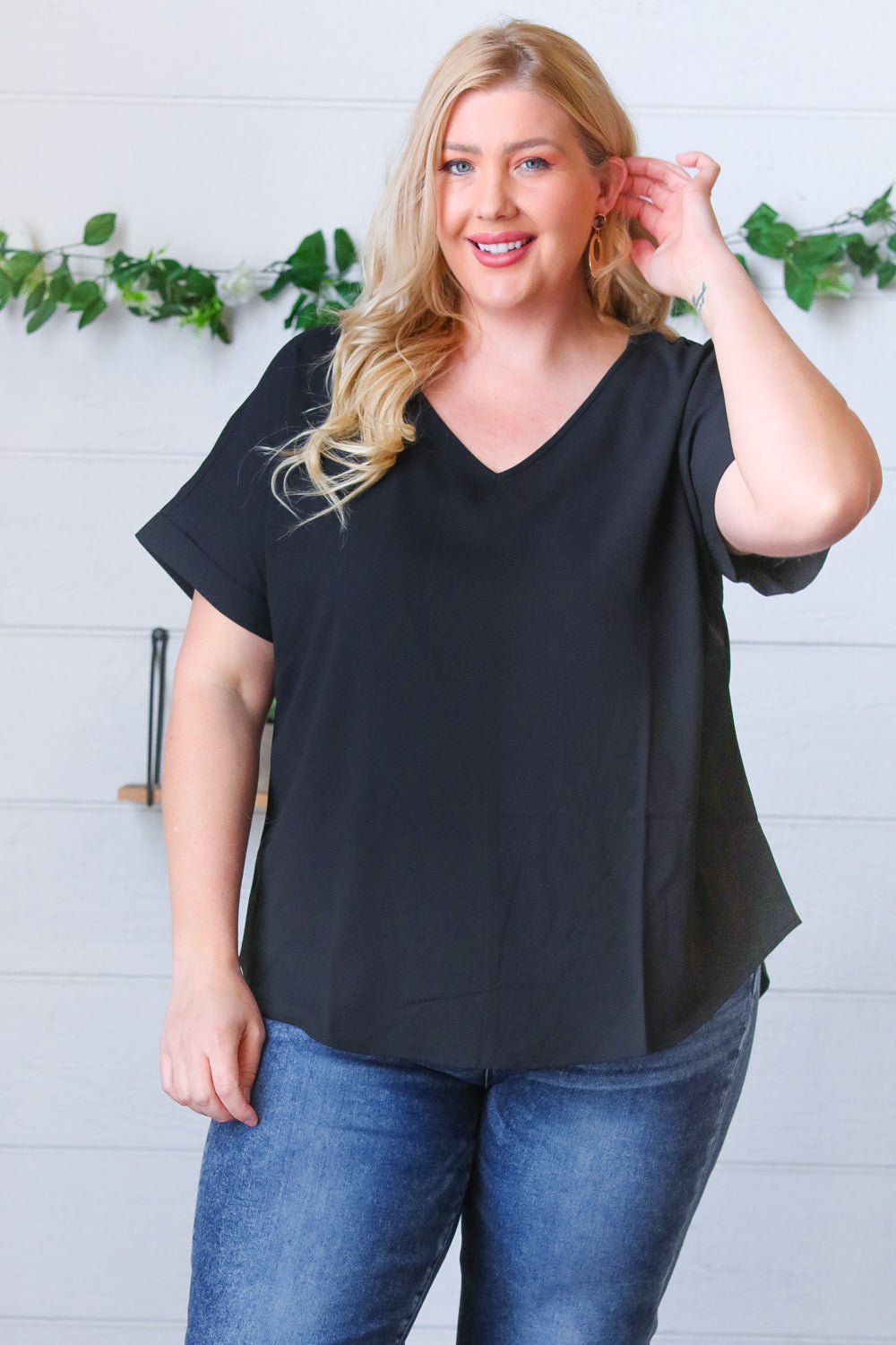 Black Woven V Neck Dolman Short Sleeve Top