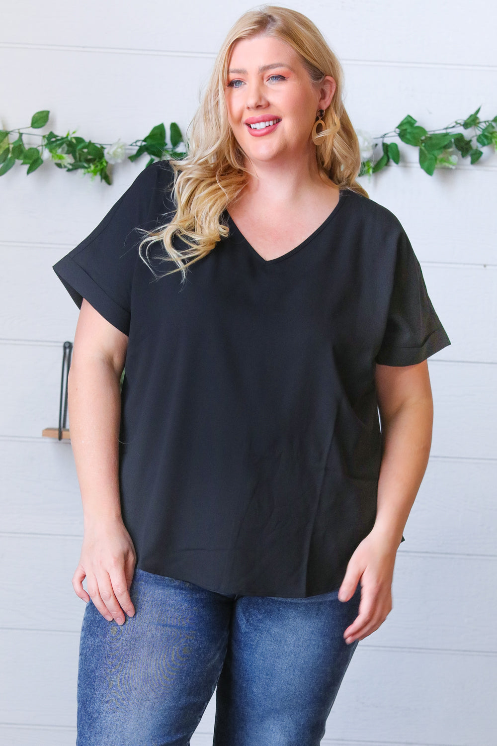 Black Woven V Neck Dolman Short Sleeve Top