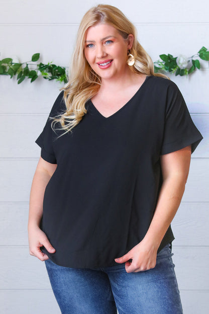 Black Woven V Neck Dolman Short Sleeve Top