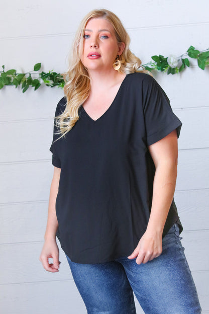 Black Woven V Neck Dolman Short Sleeve Top