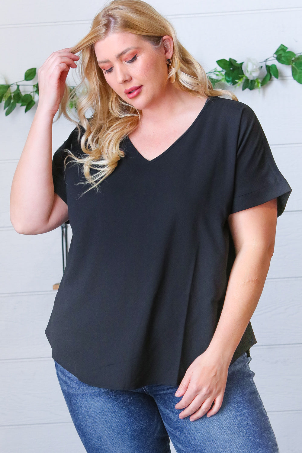 Black Woven V Neck Dolman Short Sleeve Top