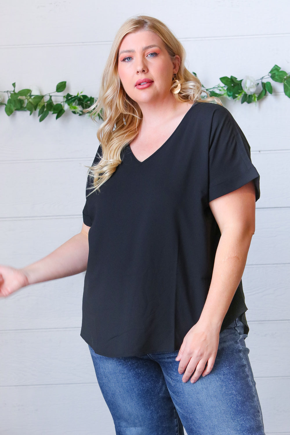 Black Woven V Neck Dolman Short Sleeve Top