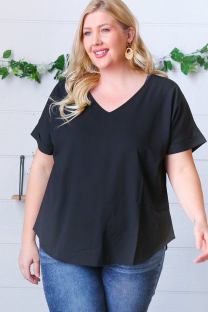 Black Woven V Neck Dolman Short Sleeve Top