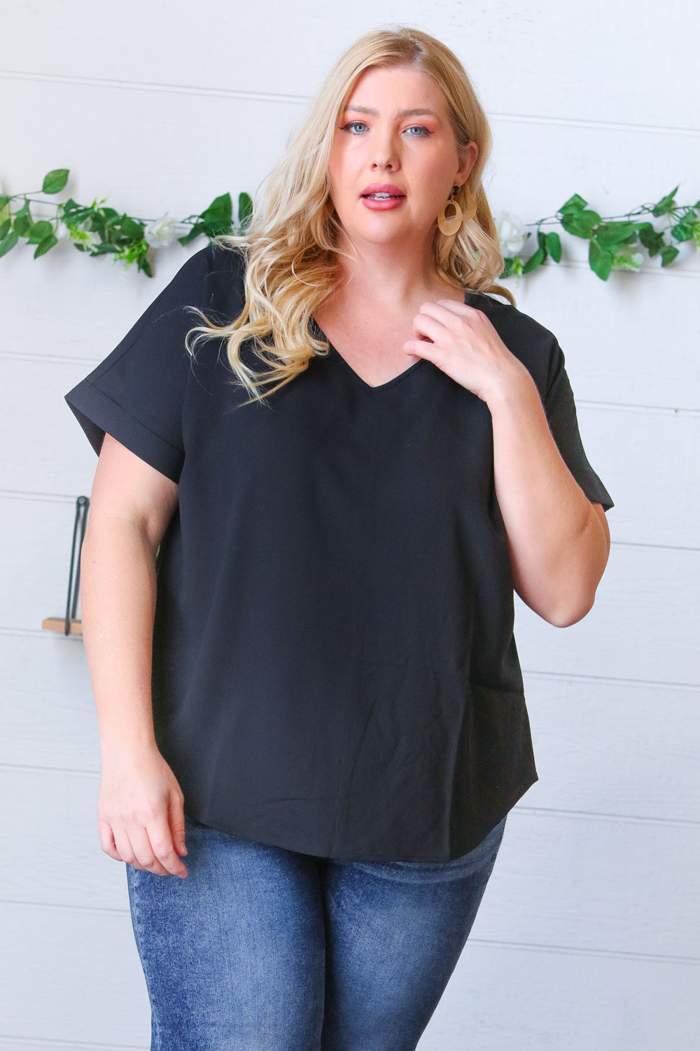 Black Woven V Neck Dolman Short Sleeve Top