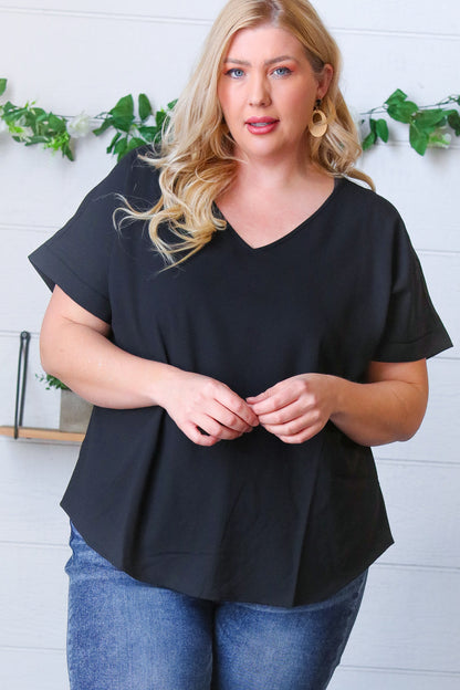 Black Woven V Neck Dolman Short Sleeve Top