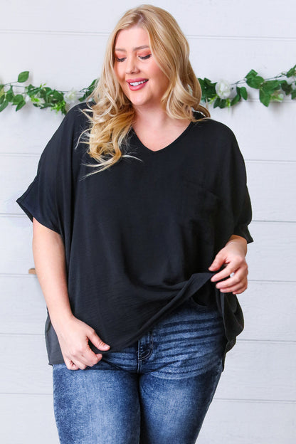 Black Woven V Neck Dolman Short Sleeve Top