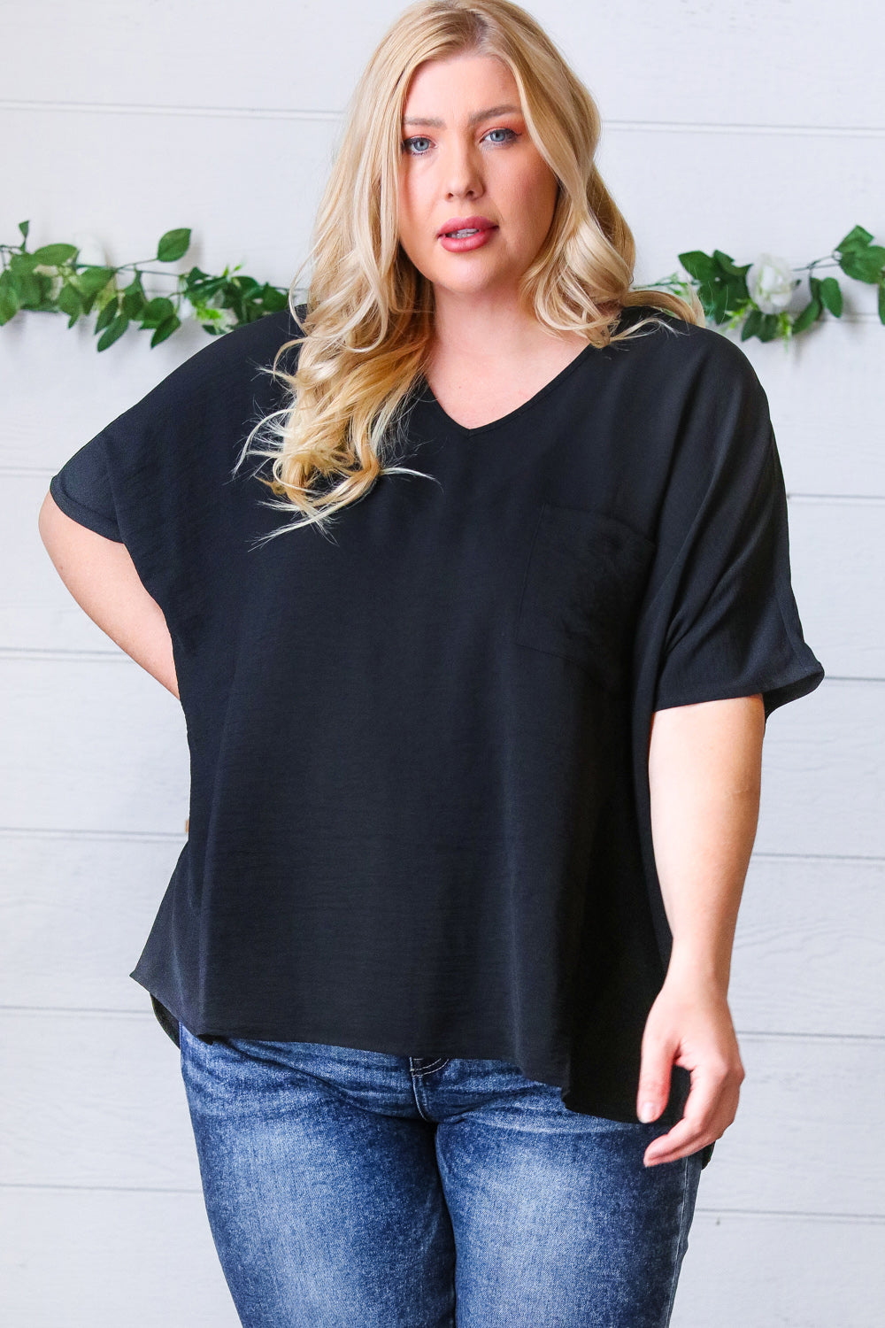 Black Woven V Neck Dolman Short Sleeve Top