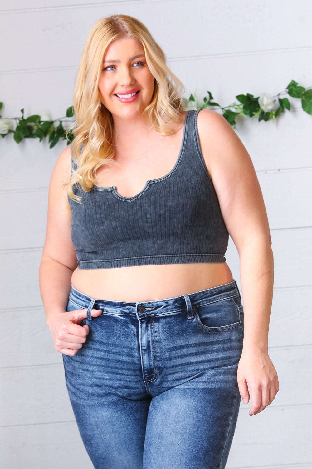 Ash Grey Washed Rib Crop Notched Tank