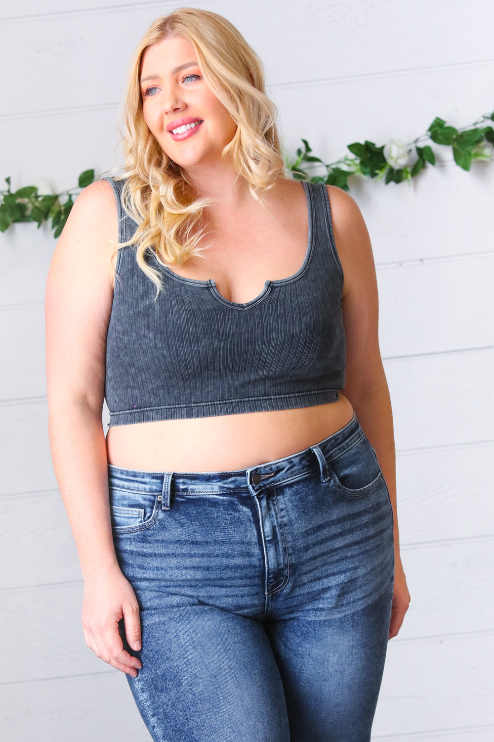 Ash Grey Washed Rib Crop Notched Tank