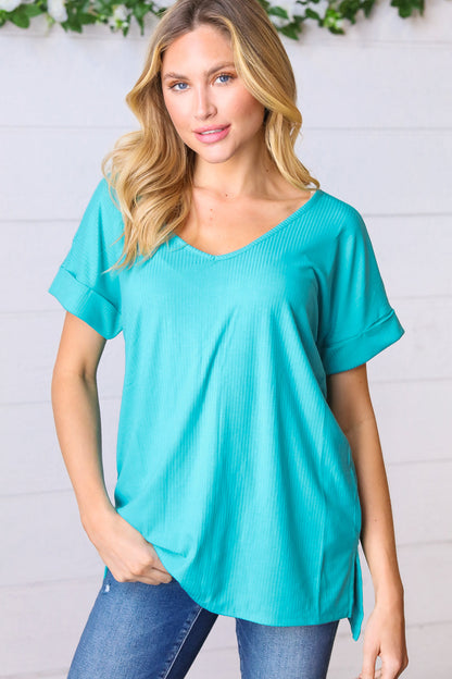 Bright Teal Ribbed V Neck Hi-Low Slit Top