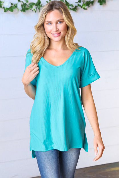 Bright Teal Ribbed V Neck Hi-Low Slit Top