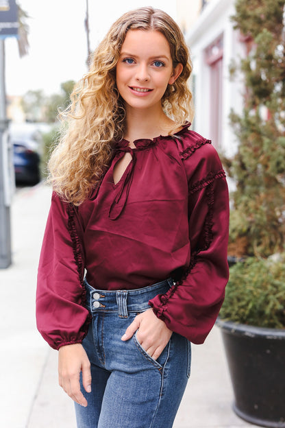 Holiday Vibes Burgundy Frill Detail Tie Neck Satin Top