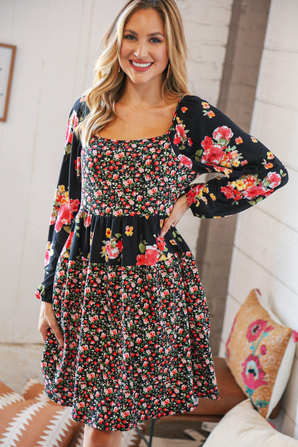 Black Floral Color Block Tiered Back Keyhole Dress