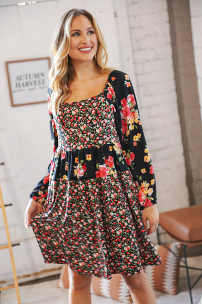 Black Floral Color Block Tiered Back Keyhole Dress