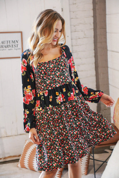 Black Floral Color Block Tiered Back Keyhole Dress