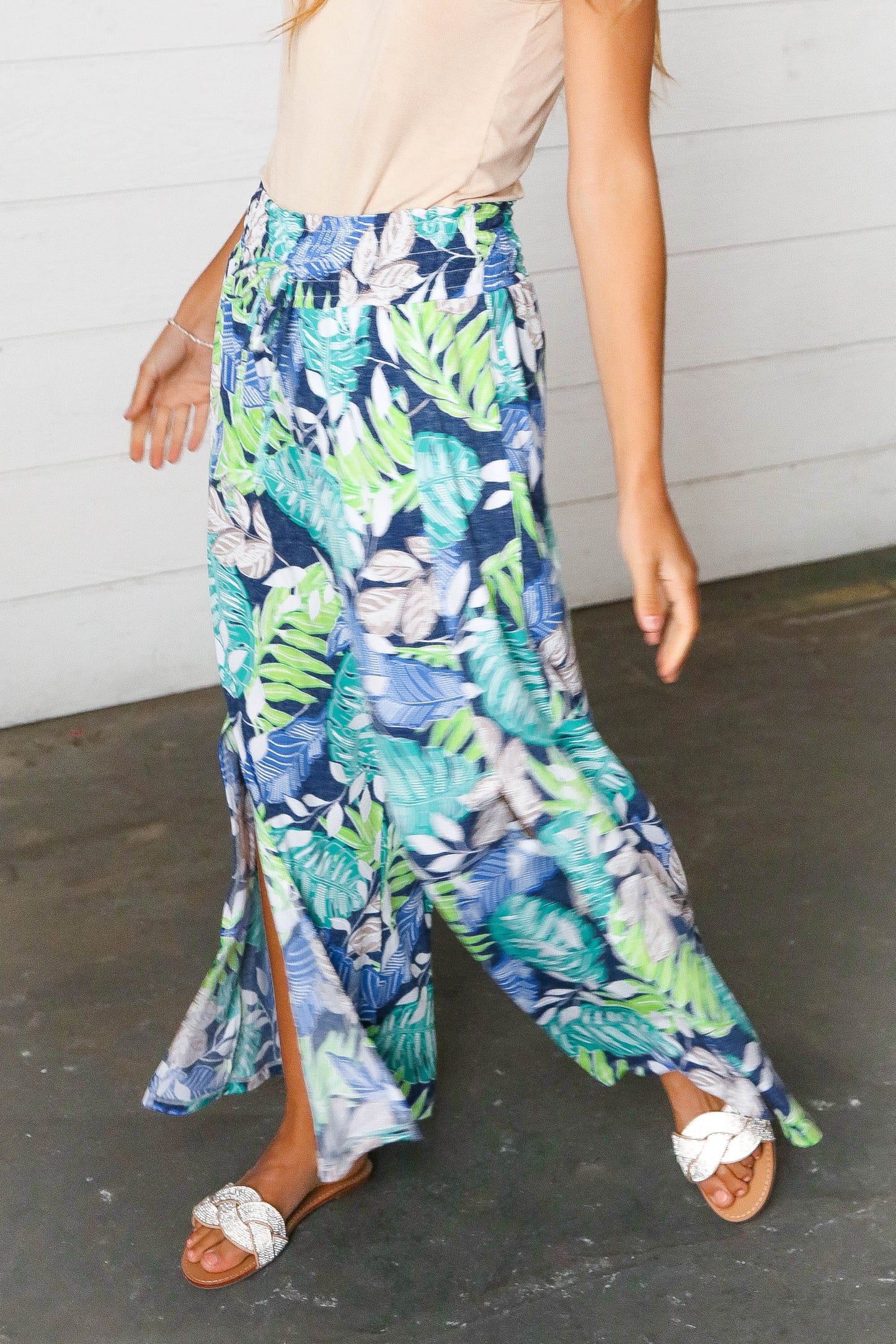 Tropical Print Boho Smocked Waist Side Slit Palazzo Pants