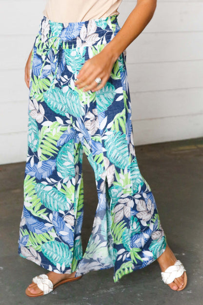 Tropical Print Boho Smocked Waist Side Slit Palazzo Pants