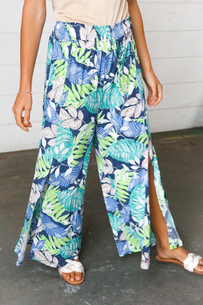 Tropical Print Boho Smocked Waist Side Slit Palazzo Pants