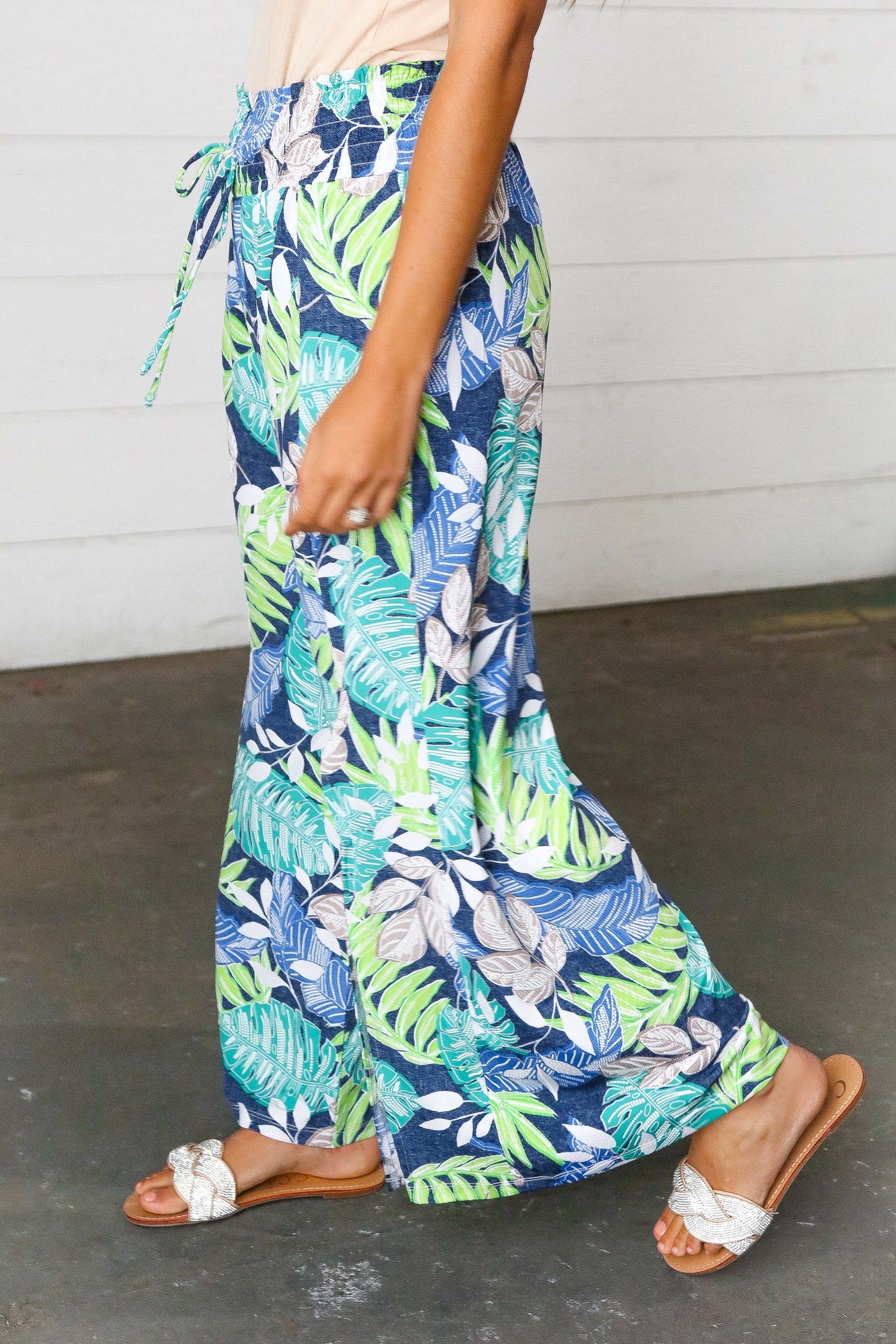 Tropical Print Boho Smocked Waist Side Slit Palazzo Pants