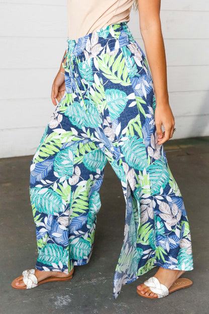 Tropical Print Boho Smocked Waist Side Slit Palazzo Pants