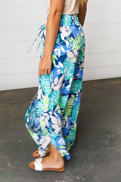 Tropical Print Boho Smocked Waist Side Slit Palazzo Pants