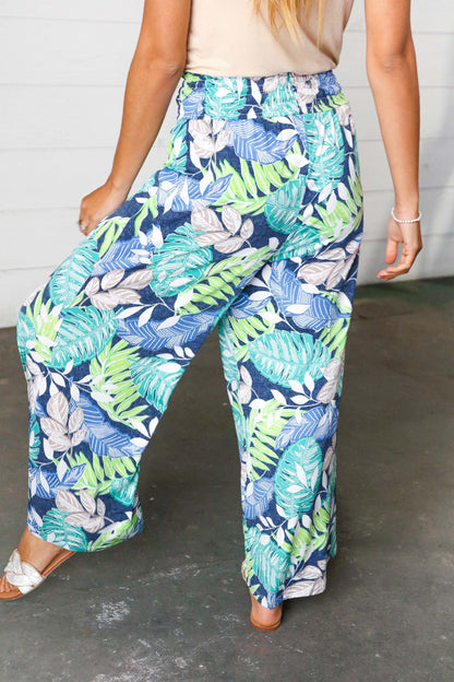 Tropical Print Boho Smocked Waist Side Slit Palazzo Pants