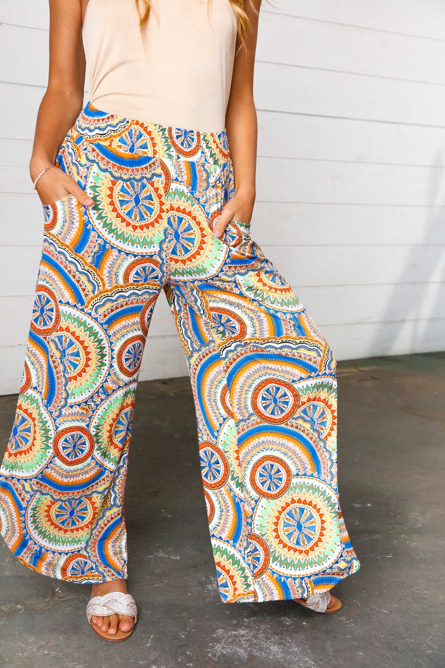 Multicolor Mandala Print Smocked Waist Side Slit Palazzo Pants