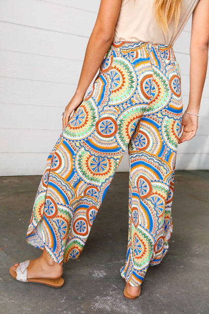 Multicolor Mandala Print Smocked Waist Side Slit Palazzo Pants